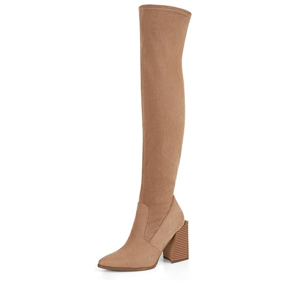 Thigh High Boots Chunky Heels Stretch Over the Knee Pointed Toe Light Brown - Picture 1 of 3